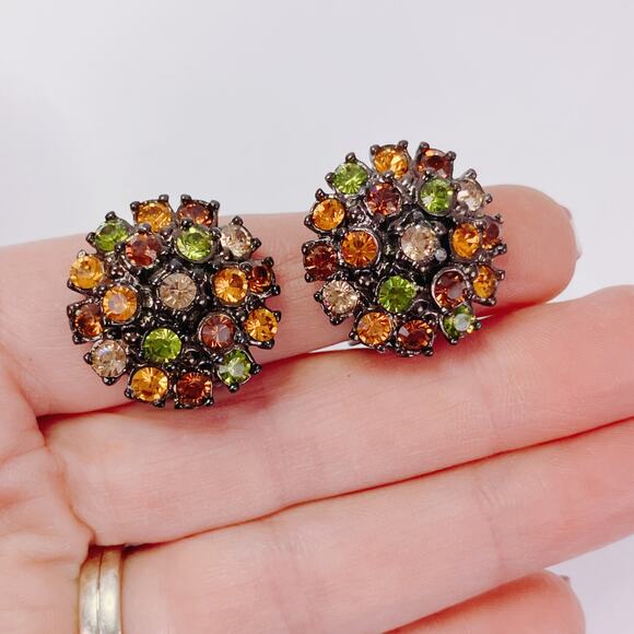 Joan Rivers Gun Metal Rhinestone Cluster Clip On Earrings Warm Fall Colors - Picture 3 of 12